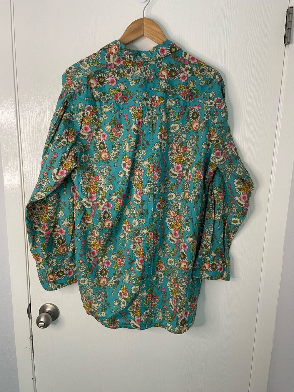 Natural Life Medium Teal Floral Cotton Button Down Tunic Shirt Boho - Picture 9 of 10
